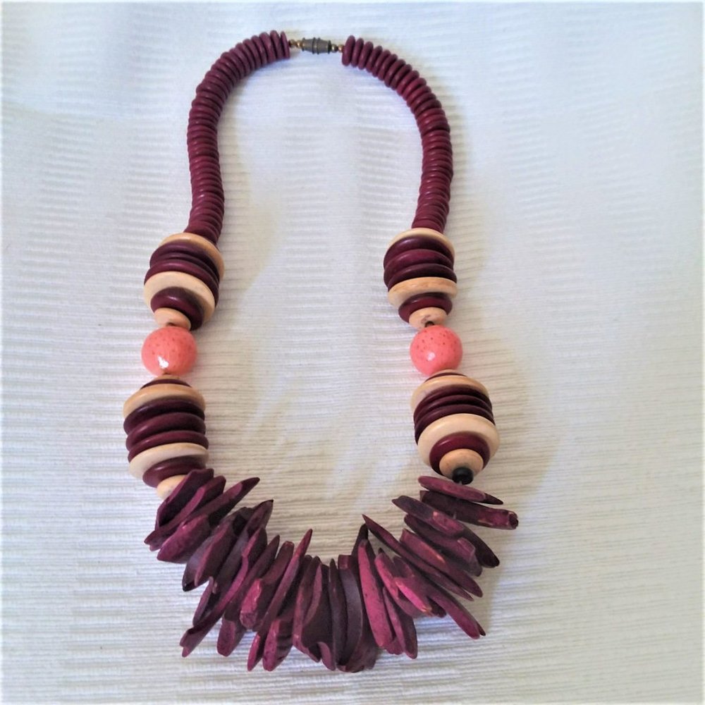 Retro Necklace Chunky Statement VTG Wood Bead Wooden Stylish 80's 90's Vacation